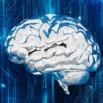 Digital artwork of a metallic brain on a circuit board representing innovation matchmaking and AI connectivity