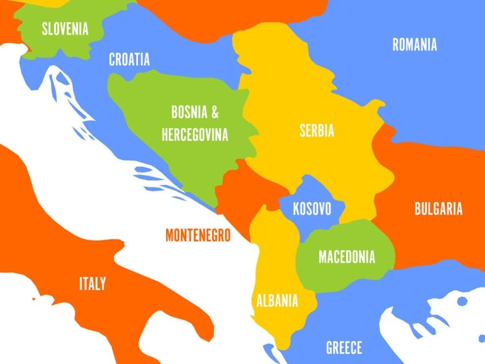 Digital map of the Balkans region in blue tech tones, symbolizing innovation in Southeast Europe.
